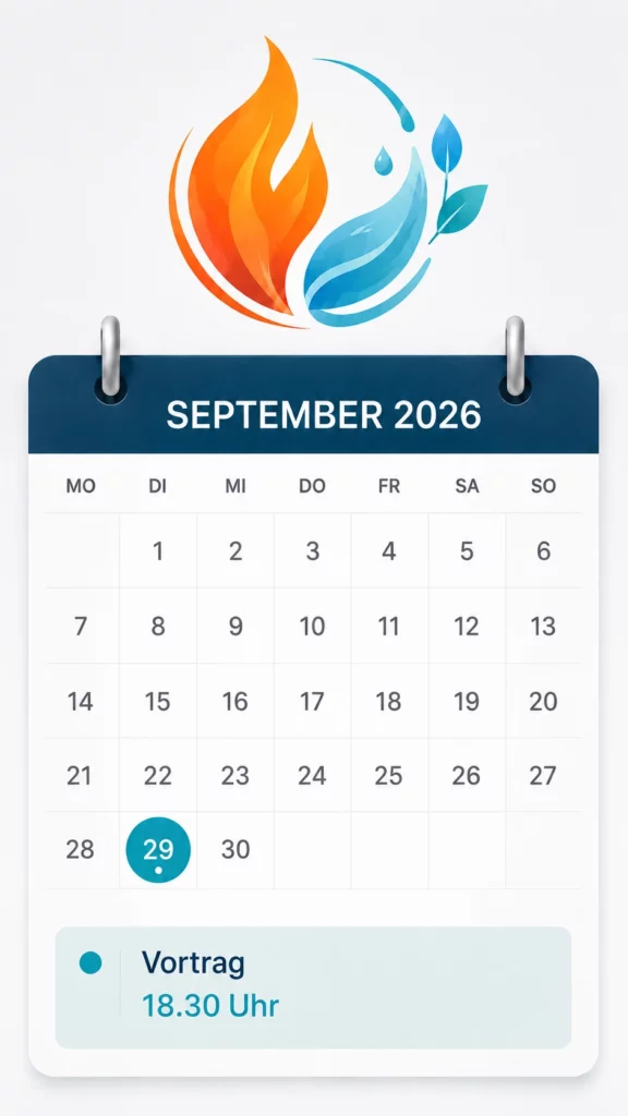 Das Bild zeigt einen Kalender mit dem Vortragsdatum mit Uhrzeit: 29.09.2026 um 18:30Uhr. Außerdem ist ein entzündungshemmendes Symbol mit Feuer und Wasser zu sehen.