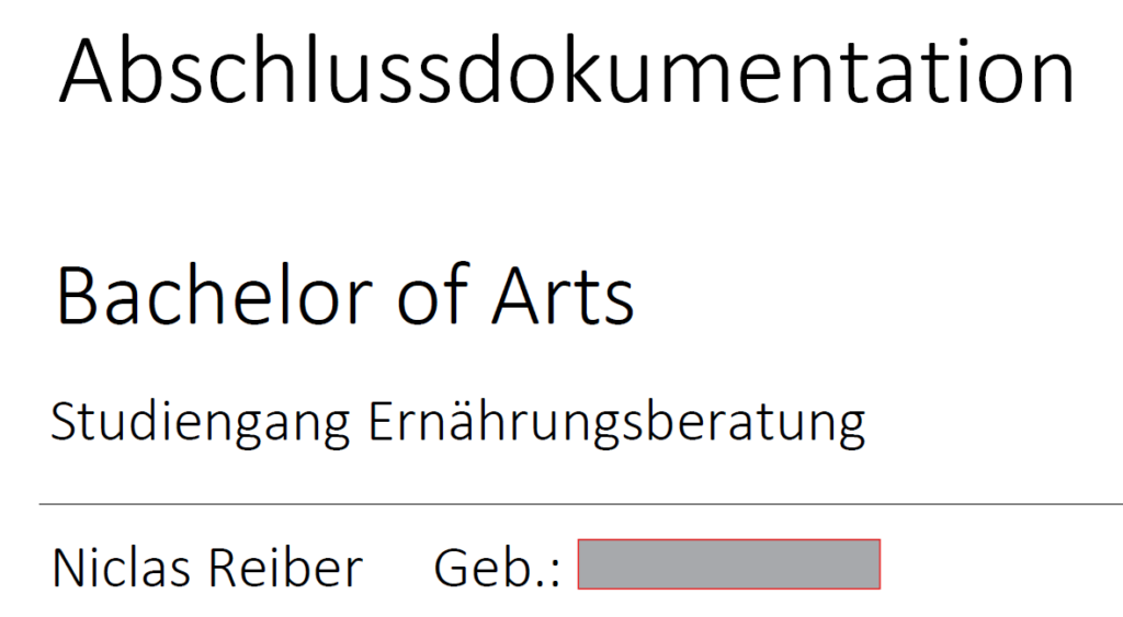 Bild zeigt den oberen Teil der Abschlussdokumentation